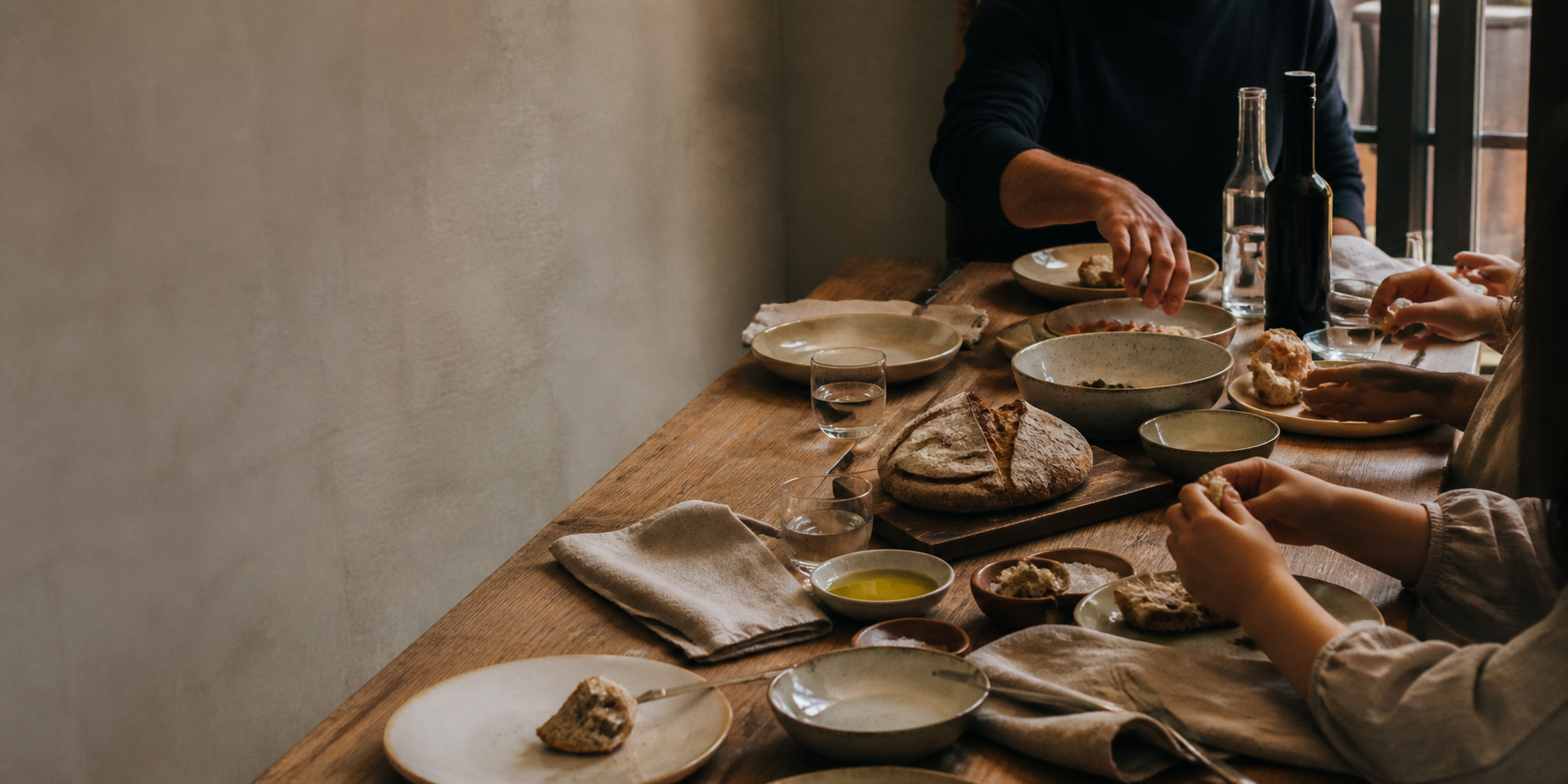 Shared table with bread and simple food